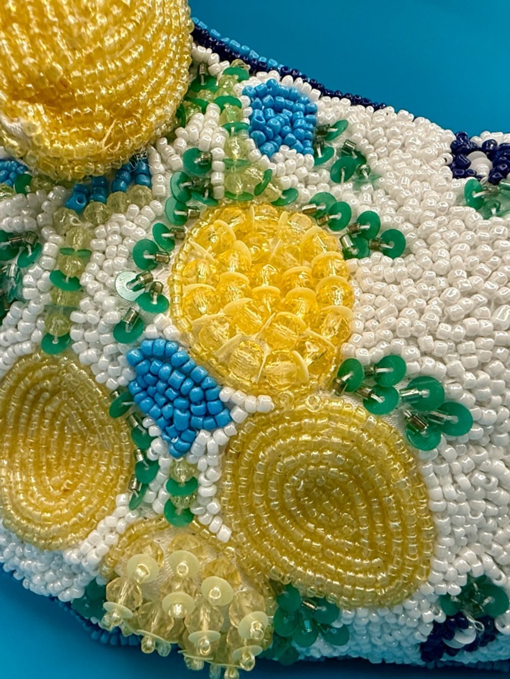 Made in India White Beaded Mini Bag with Yellow Lemon Key Charm - Picture 2 of 5